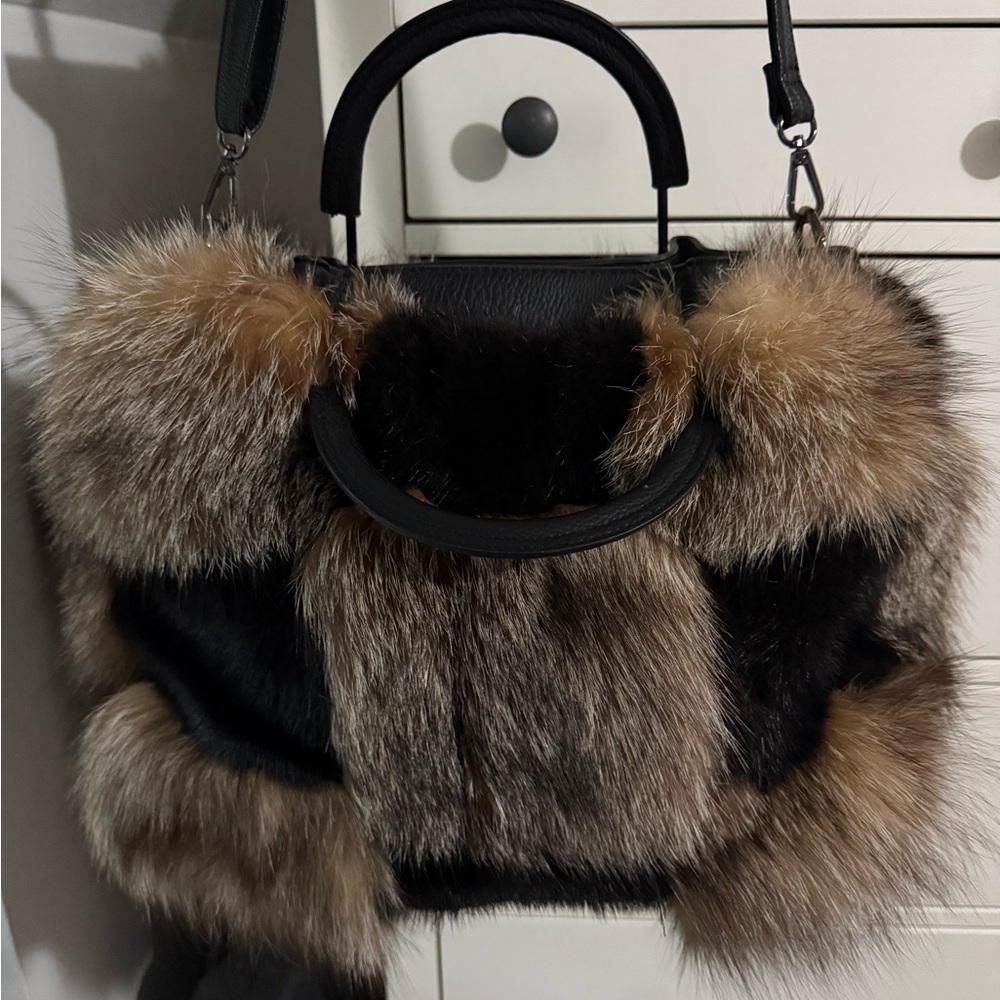 Real mink and crystal fox fur luxury satchel New